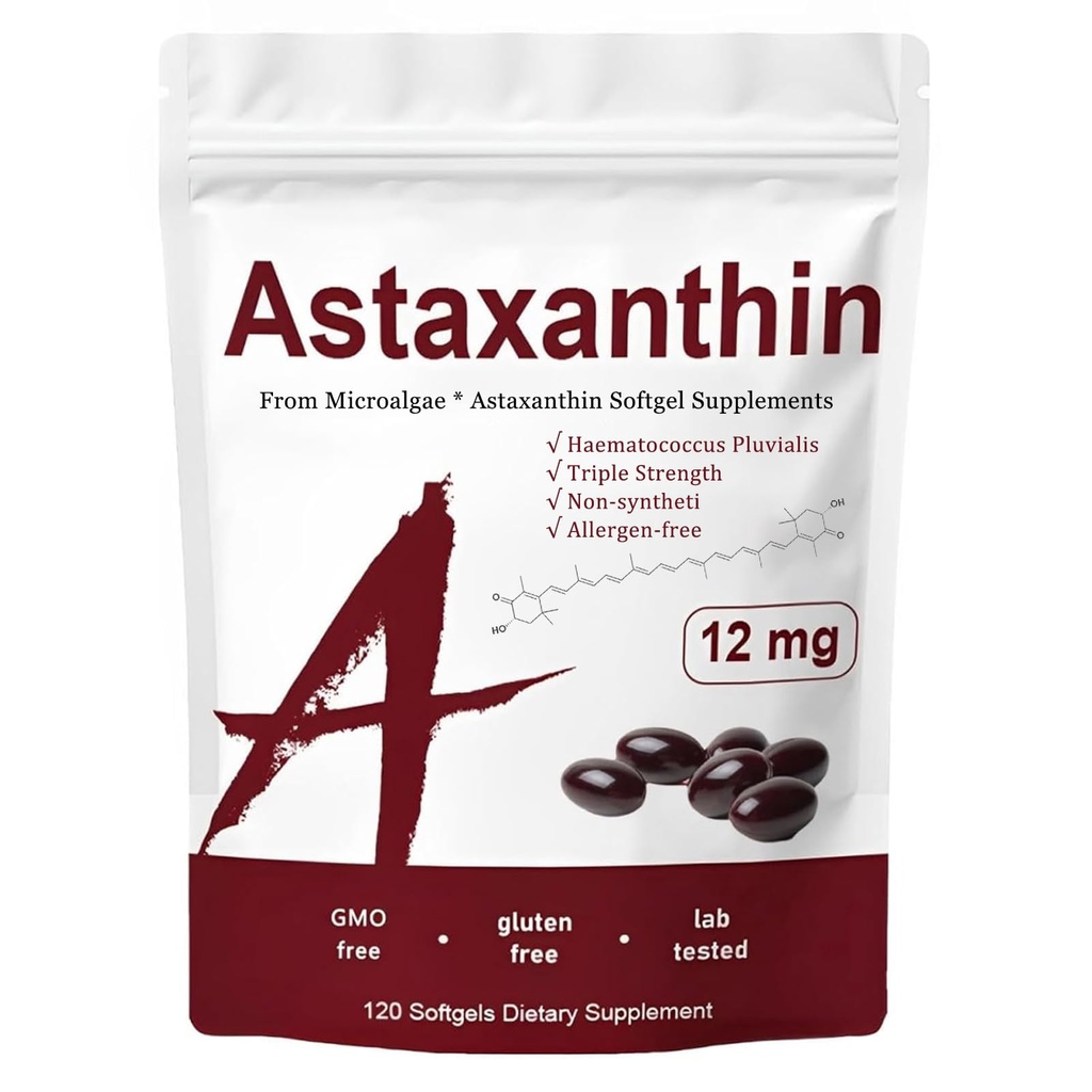 Astaxanthin 12mg, Triple Strength Skin Vitamins för kvinnor med antioxidantaktivitet, Stöd Immun, Hud, Ögon & Gemensam Hälsa,Promote Internal Circulation, choklad smak,120 portioner