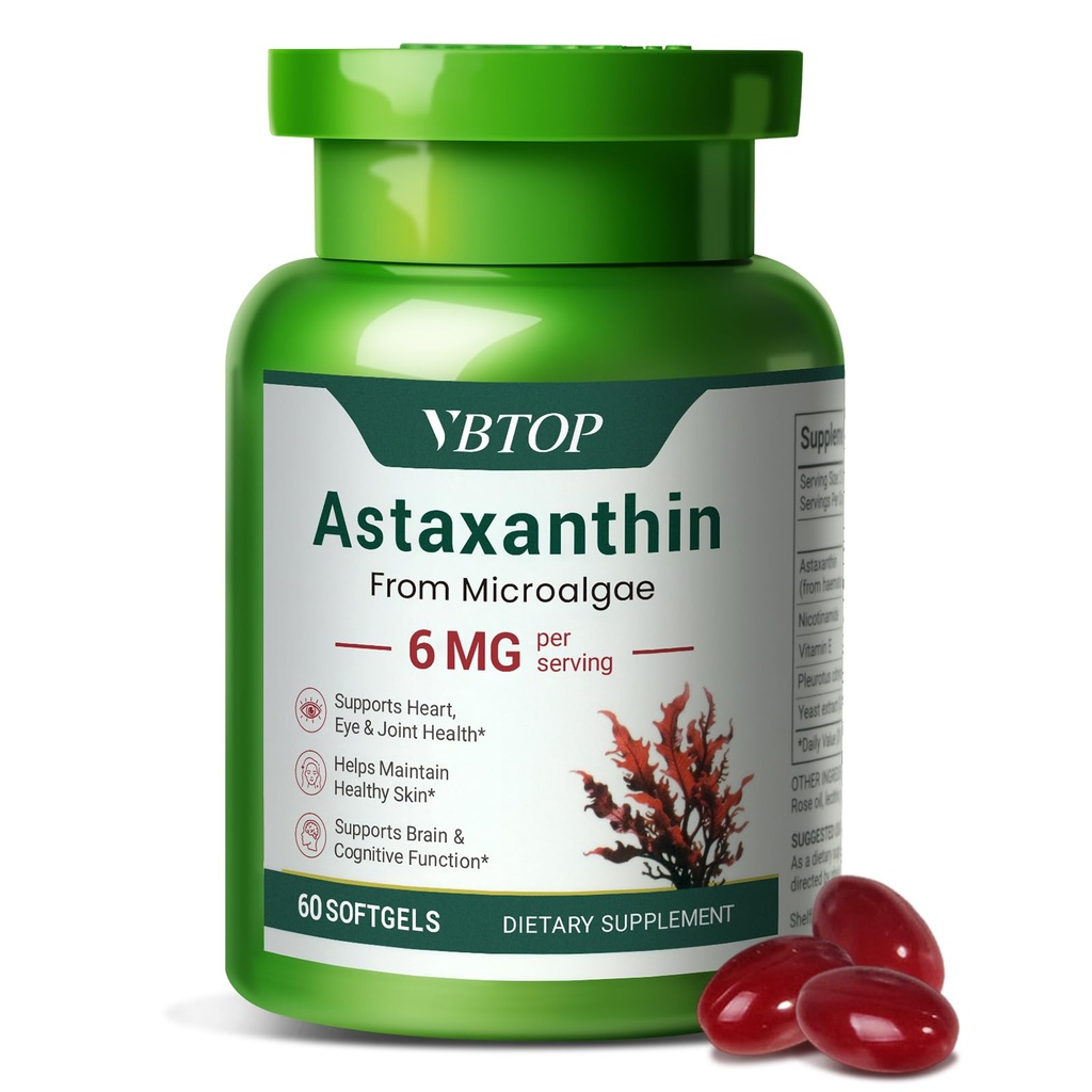 Astaxanthin 6 mg, Premium astaxanthin Supplement med antioxidantaktivitet, stöder ögon, hud, gemensam och immunsystemhälsa. Färsk mikroalger Källa, Non-GMO, Gluten-Free - 60 mjukgels
