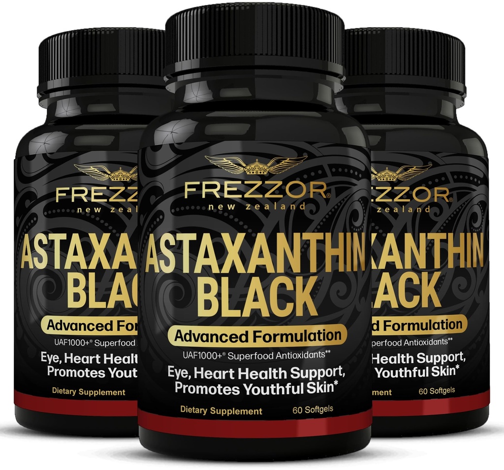 FREZZOR Astaxanthin Black med UAF1000 + Super Antioxidant, stöder hjärta, ögon och hjärnhälsa, anti-aging hudvård och cellulärt skydd, 12mg Astaxanthin per servering, 180 Softgels, 3 månaders leverans