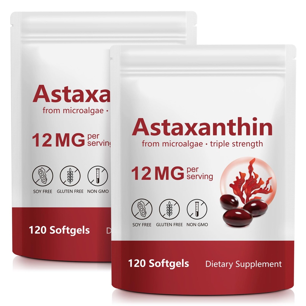 Astaxanthin 12mg, 120 Softgels, (2Pack) Premium Astaxanthin Antioxidant Supplements with Antioxidant Activity, Supports Eye, Skin, Joint & Immune System Health, Fresh Microalgae Source, Non-GMO