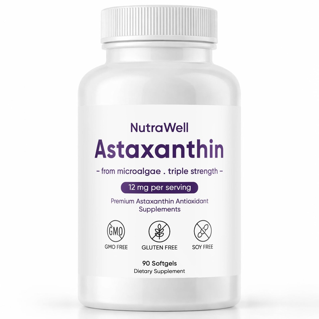 Nutrawell Astaxanthin - Daglig antioxidant Wellness-tillägg med naturligt källad Astaxanthin Clean Formel för aktiv vuxenlivsstil Lätt att ta kapslar - 90 Softgels (1)