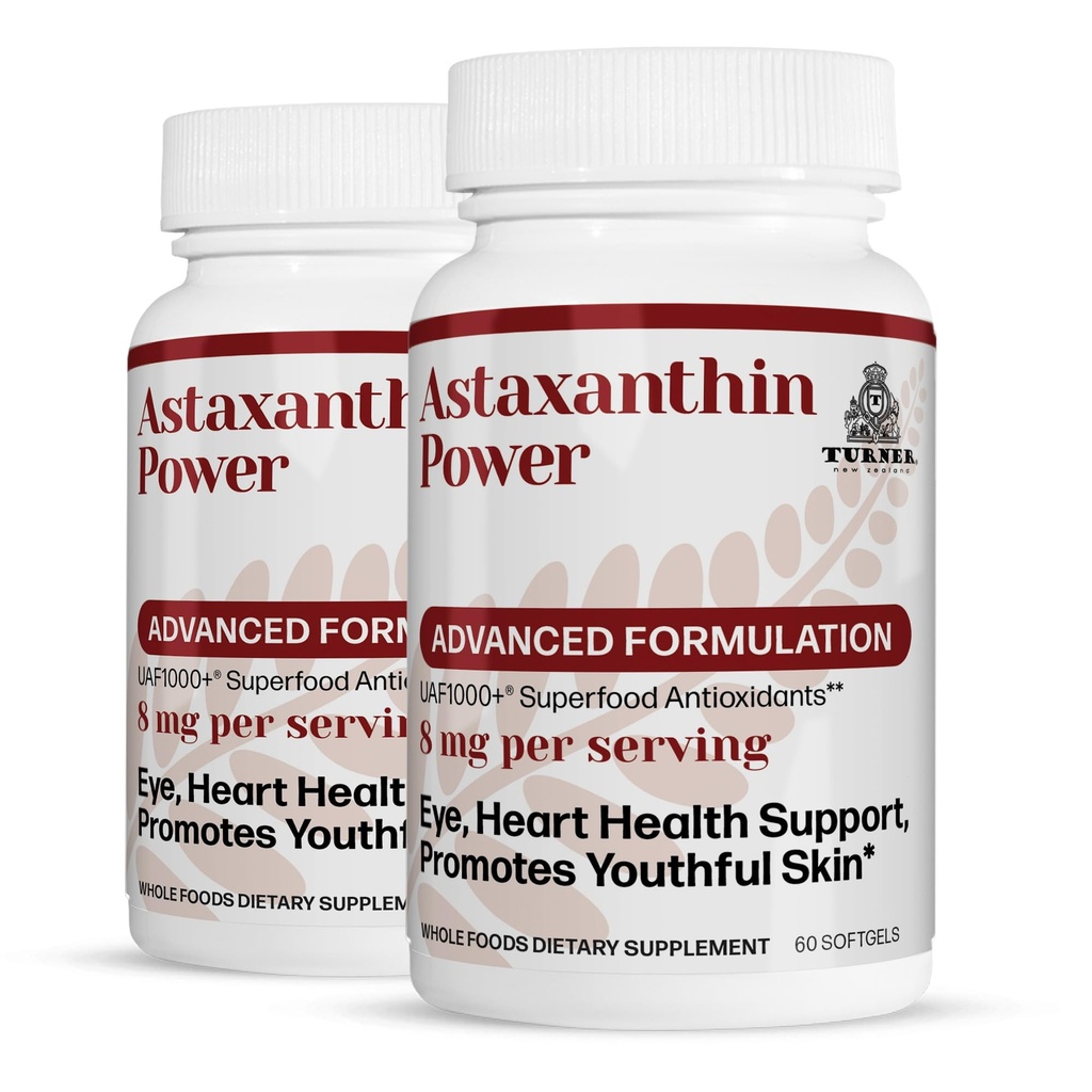 TURNER Nya Zeeland Astaxanthin Power med UAF1000+, Antioxidant Supplement, 12mg Astaxanthin, 60 portioner, 2 flaska
