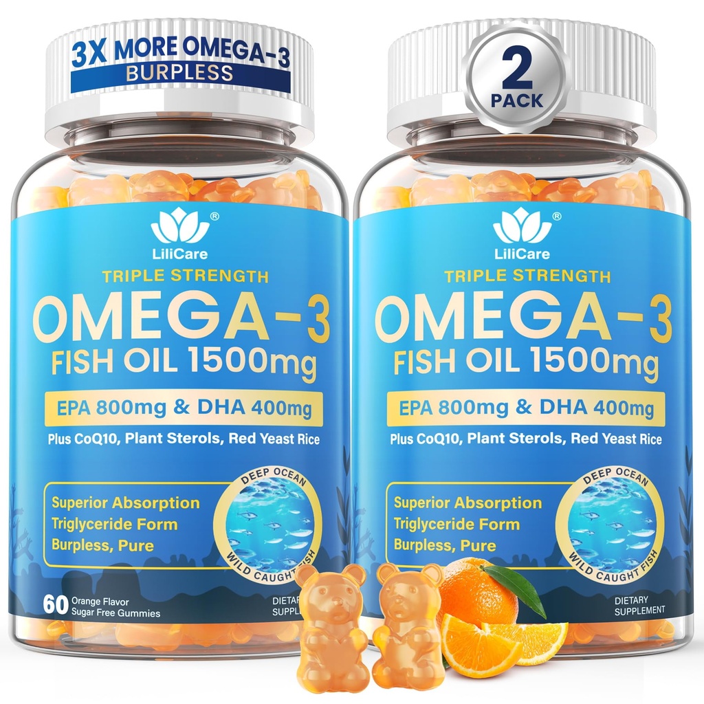 Fish Oil Omega 3 Gummies 1500mg för vuxna - Triple Strength med EPA & DHA, COQ10, Red Yeast Rice - Wild Caught Omega 3 Fatty Acids Supplements for H@ar-t & Brain - Sugar Free, Burpless, 120 Count