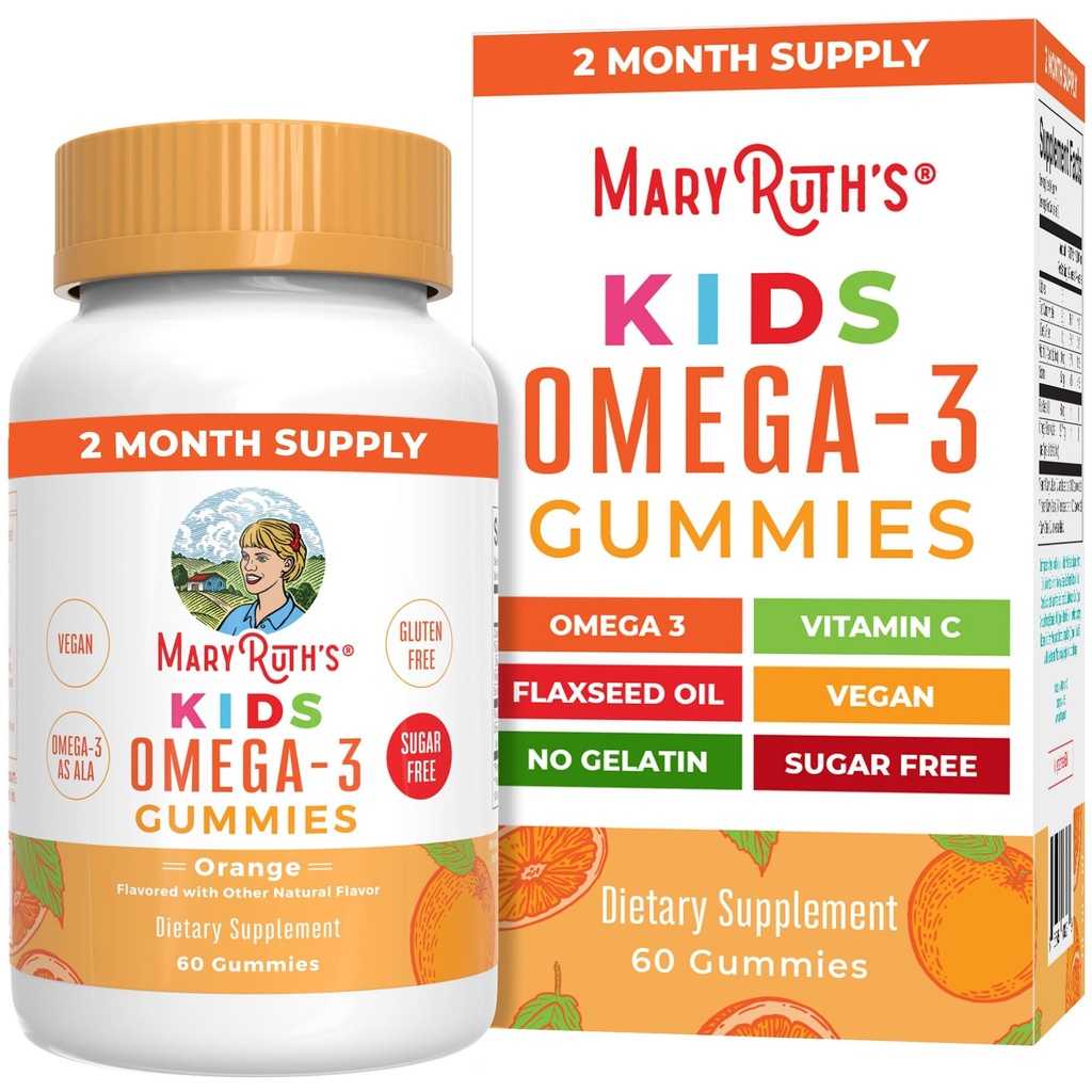 MARYRUTHs Vegan Omega 3 Gummies för barn 2 +, 2 månaders leverans, sockerfri, Omega 3 Supplement med vitamin C, Flaxseed Oil, Immune Support, Essential Nutrient ALA, No Fish Taste, 60 Count