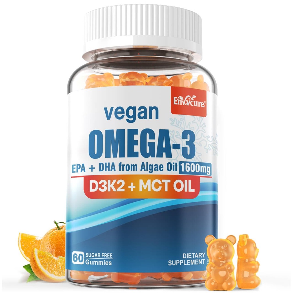 Vegan Omega 3 Gummies 1280mg + Vitamin D3 K2 (MK7), Omega 3 Fiskolja Alternativ för vuxna, w / Algae EPA 600mg & DHA 400mg, MCT Oil - Ingen fisk smak - för hjärna, ögon, immunhälsa, sockerfri, 1 Pack