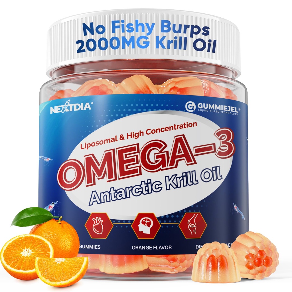 Liposomal Antarctic Krill Oil Omega 3 Gummies 2000mg - Cellular Level Absorption Omega-3 med EPA, DHA & Astaxanthin - Antioxidant & Brain Support - fiskoljetillskott Alternativ - 60 Count