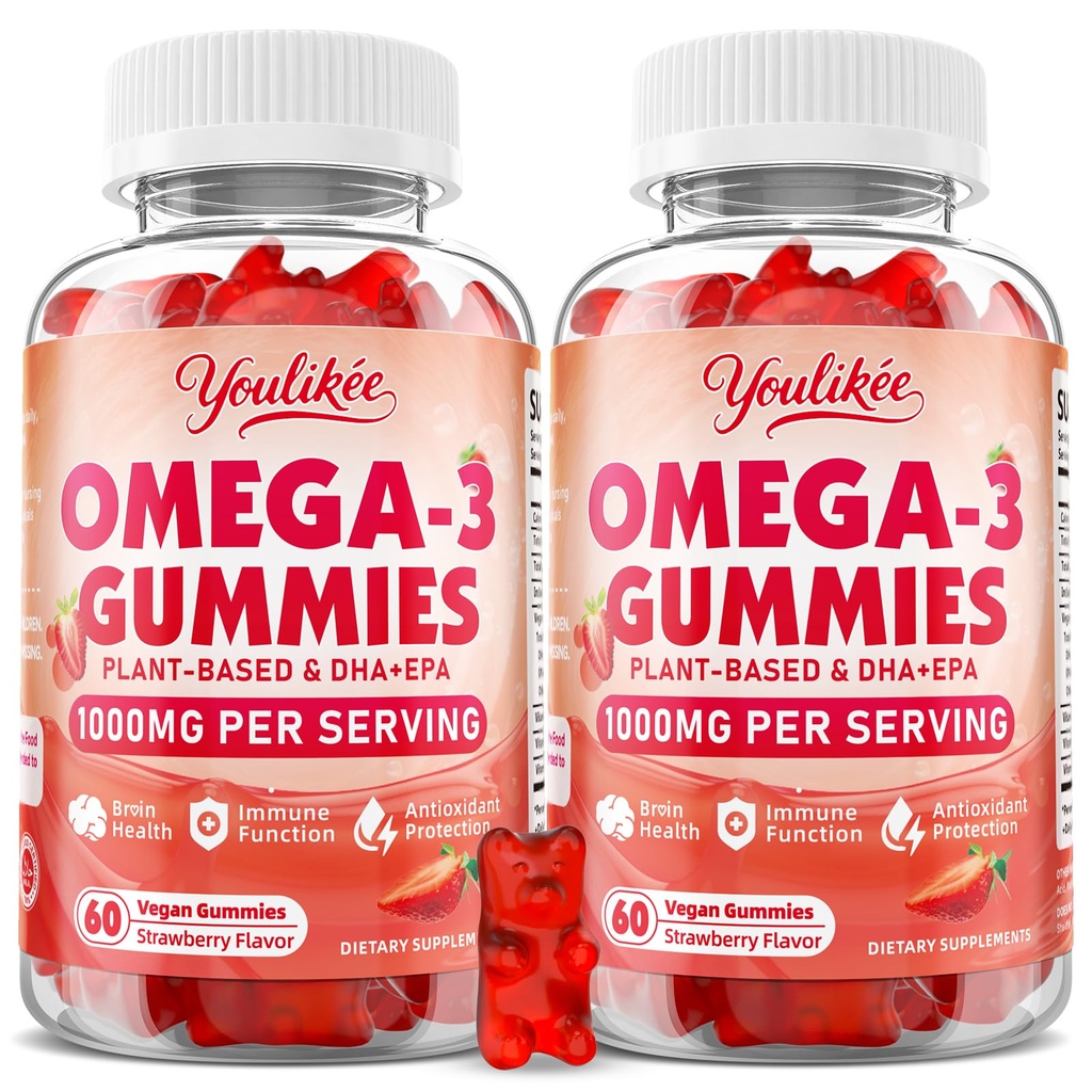 2 Pack Vegan Omega-3 Gummies 1000mg, Omega 3 Fish Oil Alternative for Adults, Plant Based DHA 460mg & EPA 230mg w/Vitamin A, C, E, Strawberry Flavor, 120 Count
