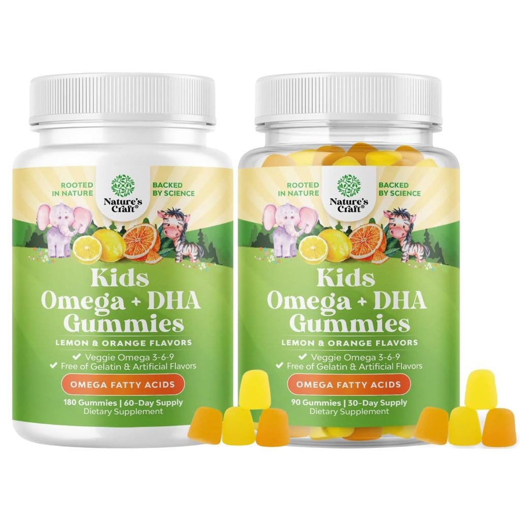 Bundle of Omega DHA Gummies for Kids - Fatty Acids Omega 3 6 9 with Vitamin C for Brain, Immunity & Vision - Nutritional DHA for Healthy Nervous System & Focus Support - Vegetarian & Gluten Free