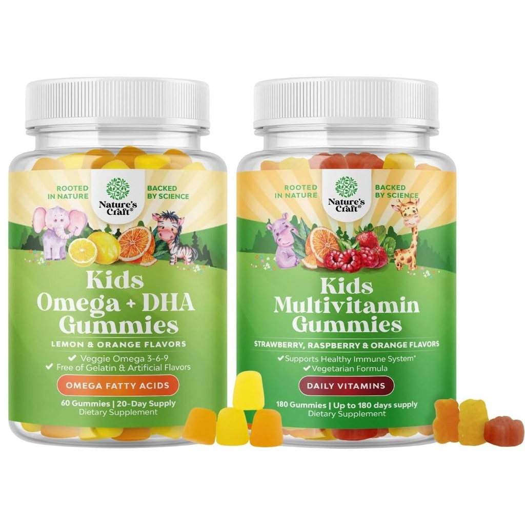 Bundle of Kids DHA Omega 3 Gummies - Fatty Acids Omega 3 6 9 för hjärna, immun styrka och vision och växtbaserade barn multivitamin gummies med vitaminer A C D3 E B och Zink för immunitetsstöd