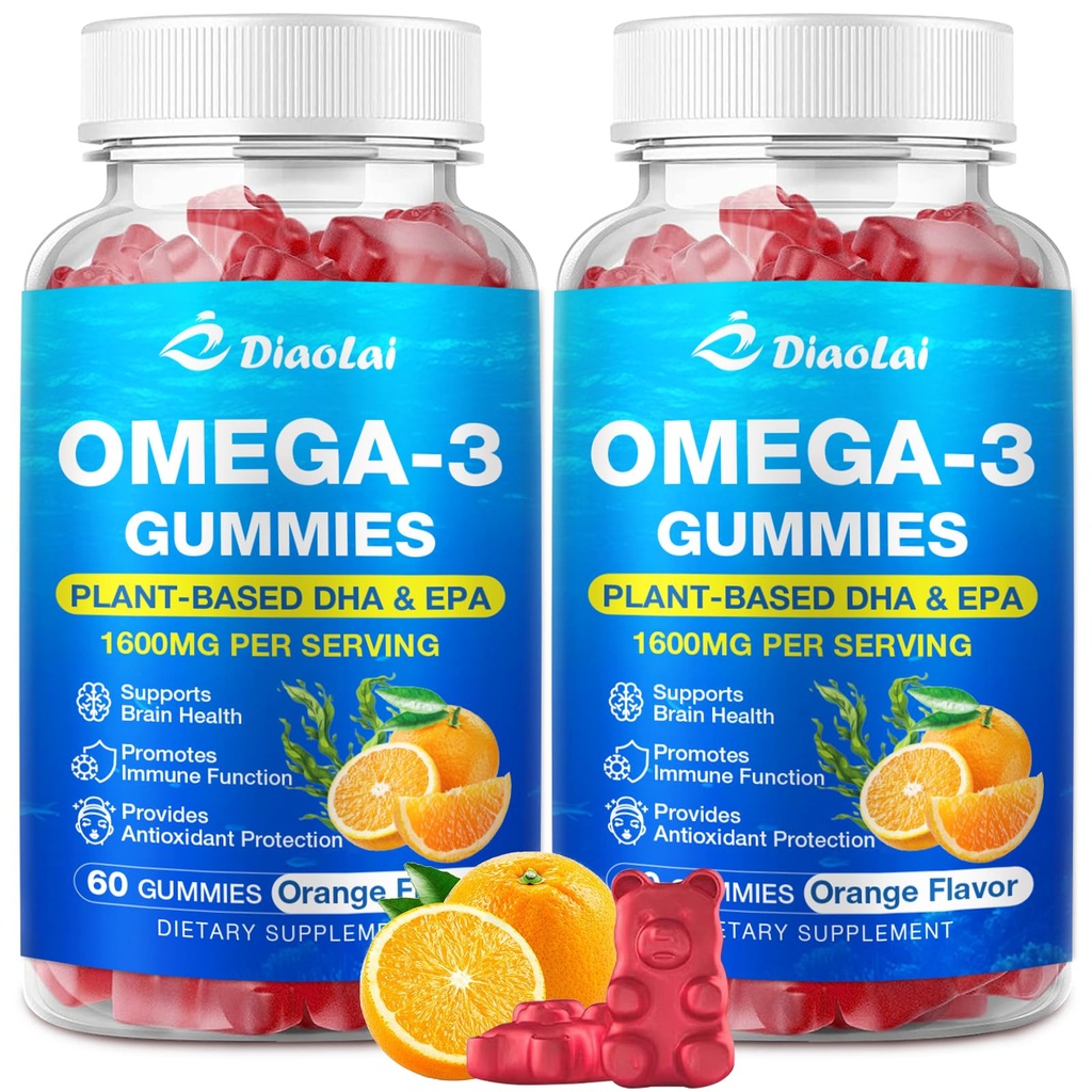 2 Pack Vegan Omega-3 Gummies for Adults - Sugar-Free, Algae-Based DHA 600mg & EPA 300mg, med vitamin A, C, E, Zink - Omega 3 fiskolja alternativ, 120 greve