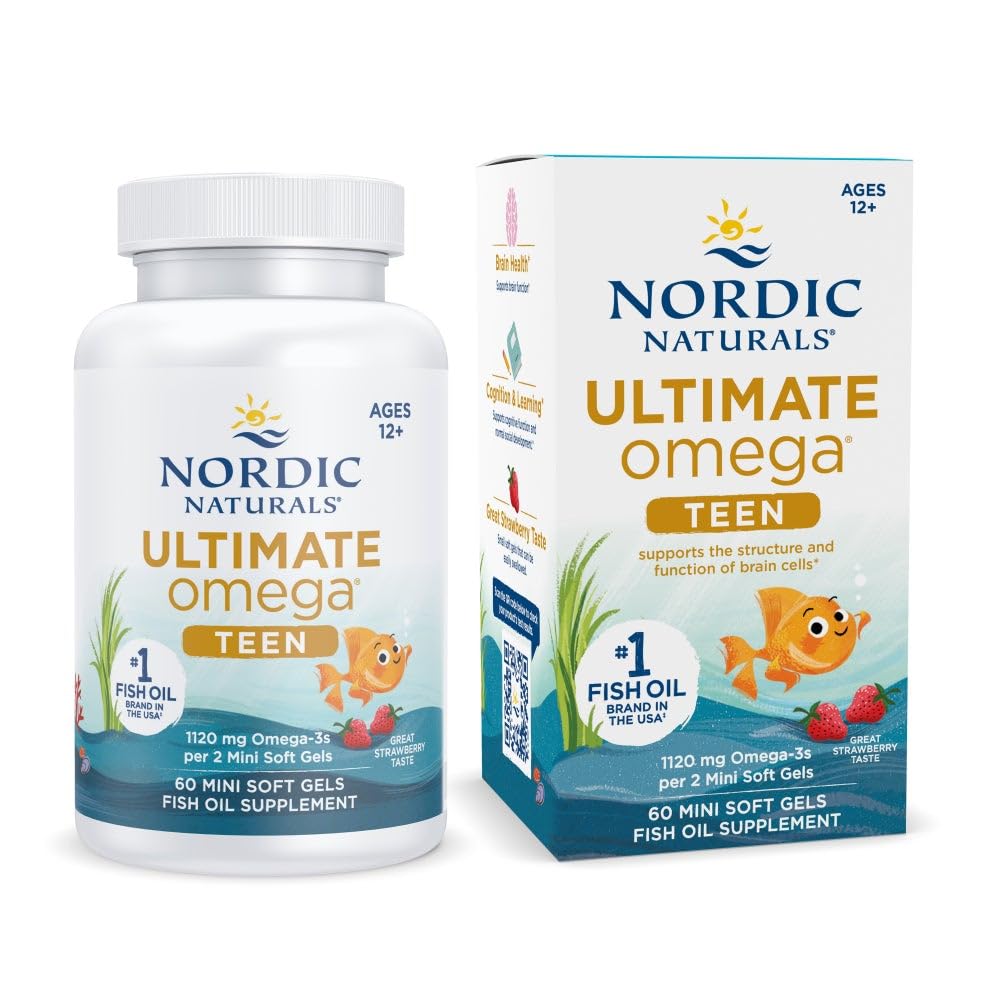 Nordic Naturals Ultimate Omega 2X Teen, Strawberry - 60 Mini Soft Gels - 1120 mg Total Omega-3s med EPA & DHA - Hjärnhälsa, positivt humör, social utveckling, lärande - icke-GMO - 30 portioner
