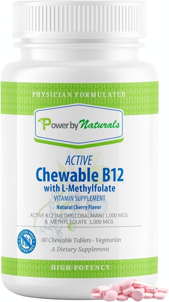 Power By Naturals Active Chewable Methylated B12 med L-Methyl Folate Supplement för kvinnor och män, Cherry Flavor, 60 tabletter