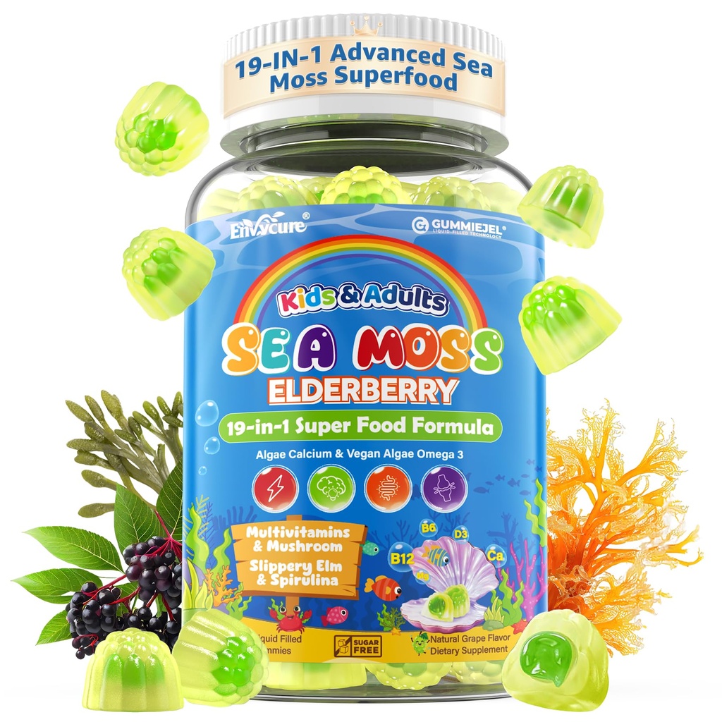 Sea Moss + Elderberry Gummies for Kids & Adults, 19-IN-1 Super Food with Spirulina, Algae Omega 3, Algae Calcium, Ashwagandha, Mushroom, Vitamins D3, C for Immune, Gut, Bone, Energy, Brain,Vegan 60Cts