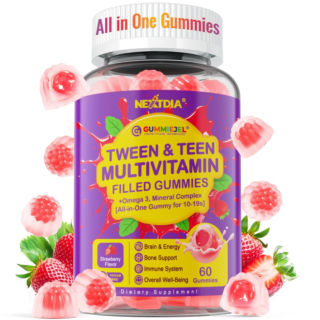 Nextdia Multivitamin Fylld Gummies för Teen Boys Girls 12-17, 18, 19, Barn 10 + Multivitamin med Omega 3, Calcium + Magnesium + Zink, Multi-Minerals för ungdomar 10-19S Brain, Bone, Energy, Immune
