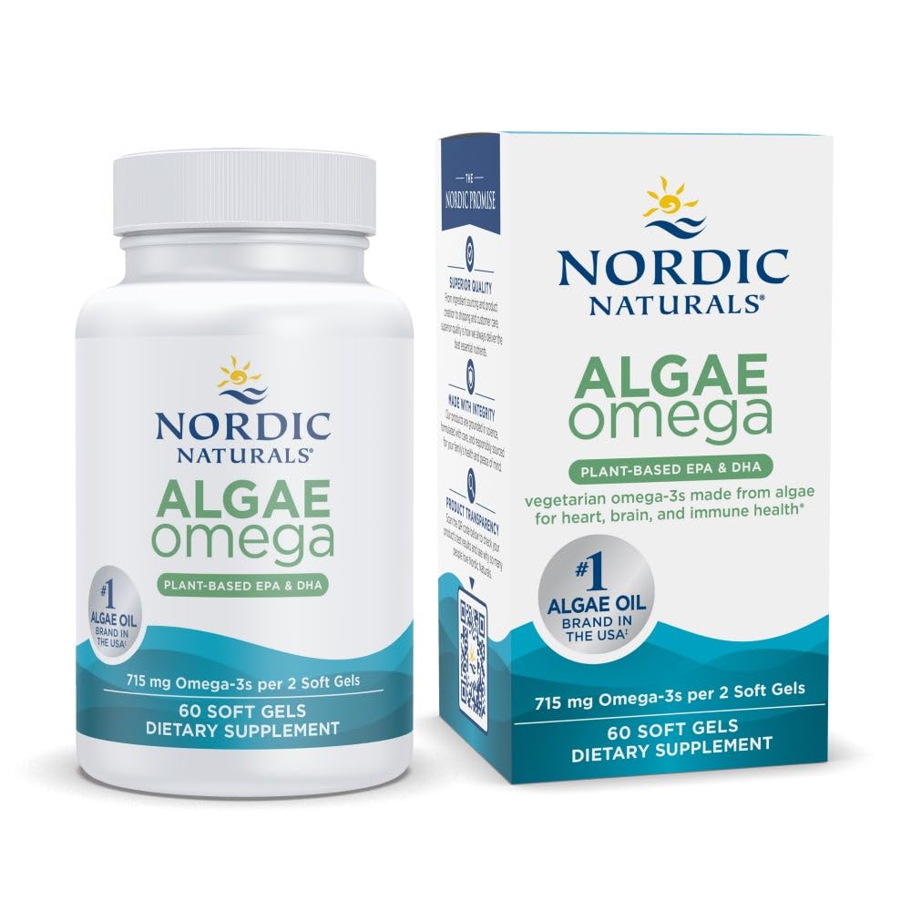 Nordic Naturals Algae Omega - 60 Soft Gels - 715 mg Omega-3 - Certified Vegan Algae Oil - Plantbaserad EPA & DHA - Hjärta, öga, immun och hjärnhälsa - Non-GMO - 30 portioner