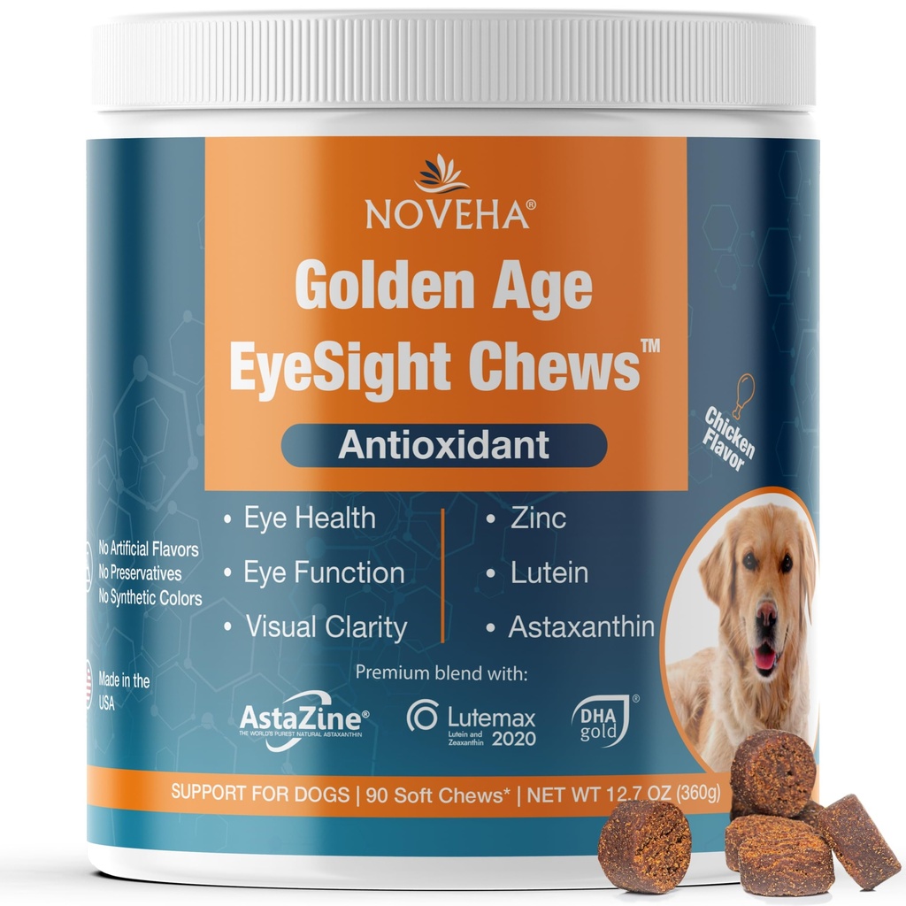 NOVEHA Eye Supplement för hundar (90 Chews) - Vision Support med Lutein + Vitamin C & Astaxanthin Antioxidanter - Hund Vitaminer för ögon + fiskolja för Omega 3 EPA - Tillverkad i USA