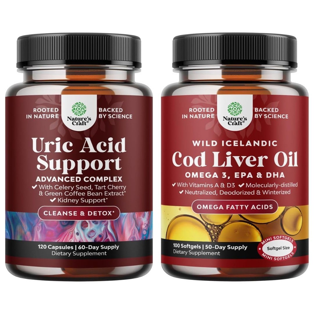Bundle of Green Coffee Bean Extract för Uric Acid Cleanse - Turmeric Tart Cherry & Celery Seed och Icelandic Wild Caught Cod Liver Oil Softgels - Fish Omega 3 EPA DHA Vitamin D & A 1000mg Per Servering