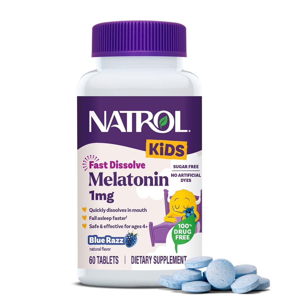 Natrol Kids Fast Dissolve Melatonin 1 mg, Dietary Supplement for Restful Sleep, Sleep Tablets for Kids, 60 Sugar-Free Blue-Razz-Flavored Melatonin Tablets, 60 Day Supply