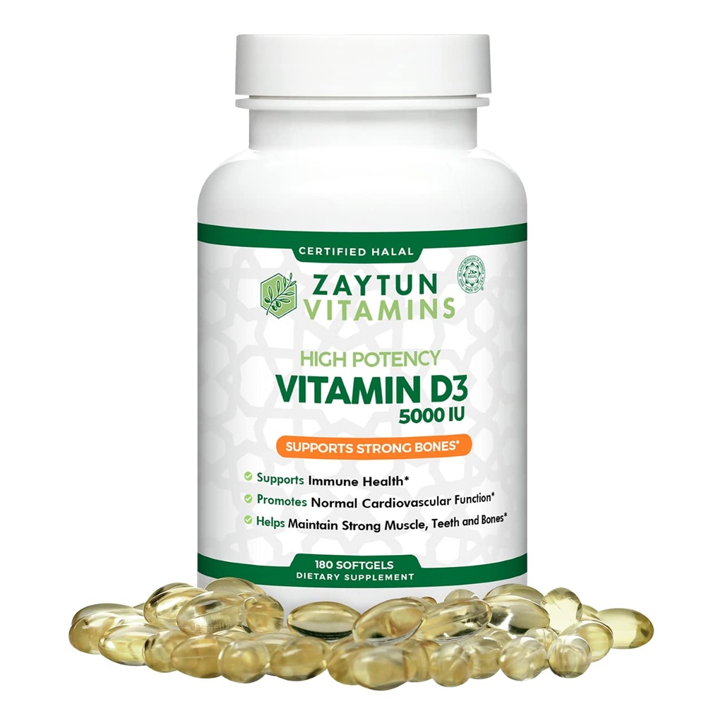 Zaytun Halal Vitamin D3 5000 IE, 180 Mini Softgels, stöder ben, hälsosam muskelfunktion och immun, Premium Vitamin D från Safflower Oil, 6 månaders leverans, icke-GMO, Gluten-Free, tillverkad i USA