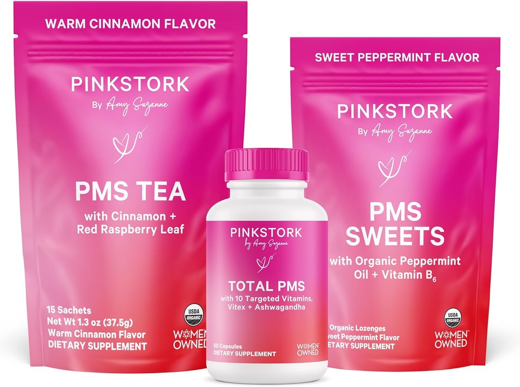 Pink Stork PMS Support Trio: Period Relief Supplements, Cinnamon Tea, + Peppermint Sweets, Menstrual Support, First Period Kit, Hormone Balance for Healthy Menstrual Cycle, Women-Owned