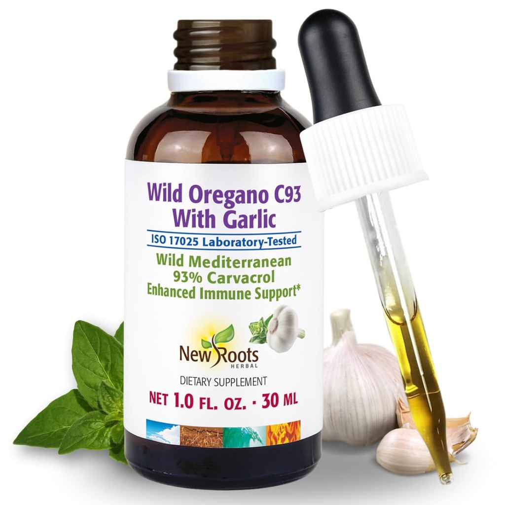 NEW ROOTS HERBAL Wild Oregano Oil Tincture med vitlök (1 fl oz) | 93% Carvacrol Oregano Oil Drops, Förbättrad Immune Support Supplement l Non GMO, Vegan, GMP Certified