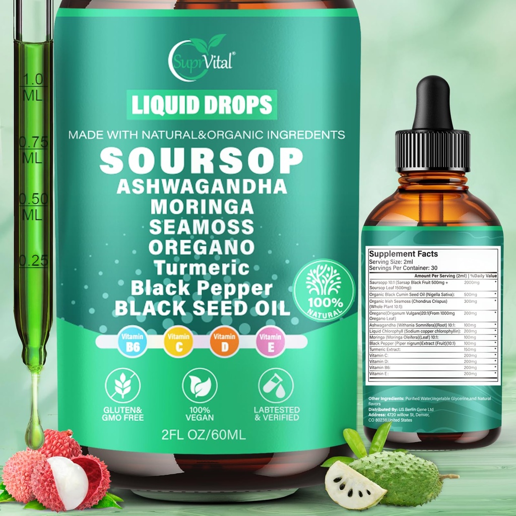 12-i-1 Soursop Bitters Liquid Drops 2000mg, Soursop Drops med Ashwagandha, Black Seed Oil, Moringa, Se Moss för naturlig antioxidant, Cell Support & Regeneration, Immune Boost, Rich i vitamin D & C