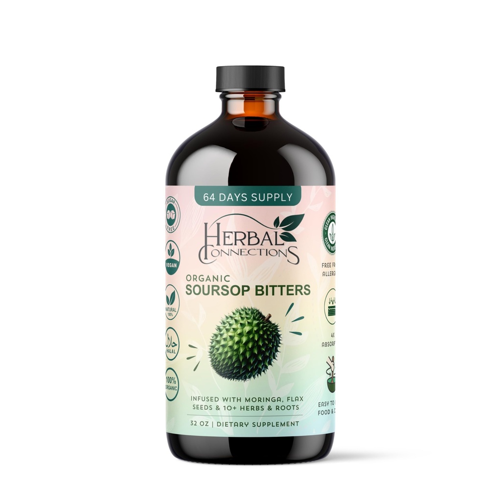 Soursop Bitters Liquid 32 Ounces - 64 Servings - 20 Herb Formel med Soursop, Moringa, Sea Moss, Turmeric, Ginger & Cayenne | Gut Health, Natural Cleanse & Daily Wellness | Vegan & Organic