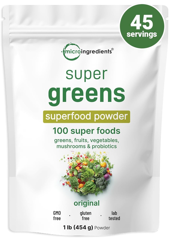 Micro Ingredients Super Greens Powder, 1lb | 100 Superfood Blend med dagliga gröna, frukter, grönsaker, svamp & probiotika | Källa av Vegan Protein & Enzymer | Icke-GMO, Gluten-Free, Inga tillsatser