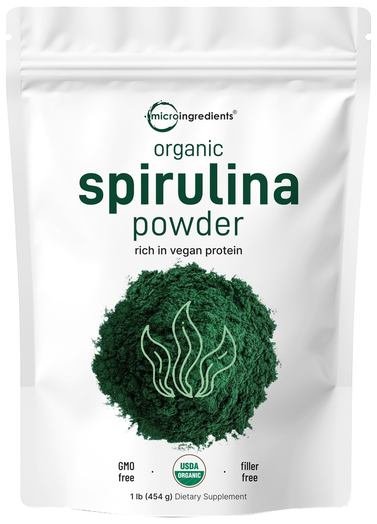 Micro Ingredients Organic Spirulina Powder, 1lb | Blue-Green Algae, Rich i Vegan Protein, Vitaminer & Minerals | Källa av naturlig klorofyll & Enzymer | Icke-GMO, Gluten-Free, Inga Tillsatser