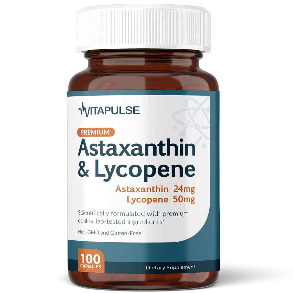 Astaxanthin 24mg med Lycopene 50mg Supplement, 100 vegetariska kapslar, icke-GMO, Gluten Free