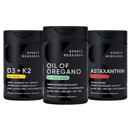 Sports Research® Antioxidant Support Pack - Olja av Oregano 9500mg + Vitamin D3 K2 5000iu + Triple Strength Astaxanthin