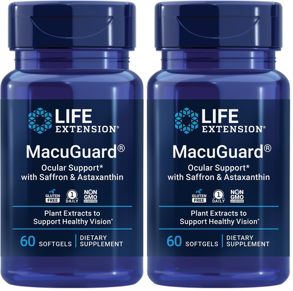 Life Extension MacuGuard Ocular Support med Saffron & Astaxanthin - Eye Health Supplement for Healthy Vision - med Lutein, zeaxanthin, Meso-zeaxanthin - Gluten-Free, Non-GMO - 60 softgels