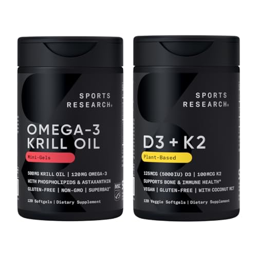 Sports Research® Multivitamin Pack - Omega-3 Krill Oil 500mg w/Choline, Phospholipids & Astaxanthin och Vitamin K2 & Vegan D3 5000iu med Coconut MCT Oil - Non-GMO · Gluten Free