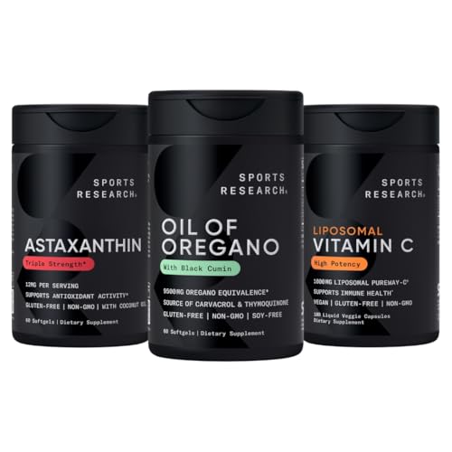 Sports Research® Antioxidant Support Pack - Olja av Oregano 9500mg + Triple Strength Astaxanthin 12mg + Liposomal Vitamin C Supplement 1000 mg