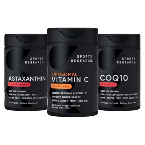 Sports Research® Antioxidant Support Pack - High Potency Liposomal Vitamin C Supplement 1000mg + Coenzyme Q10 100mg + Triple Strength Astaxanthin 12mg w/Organic Coconut Oil
