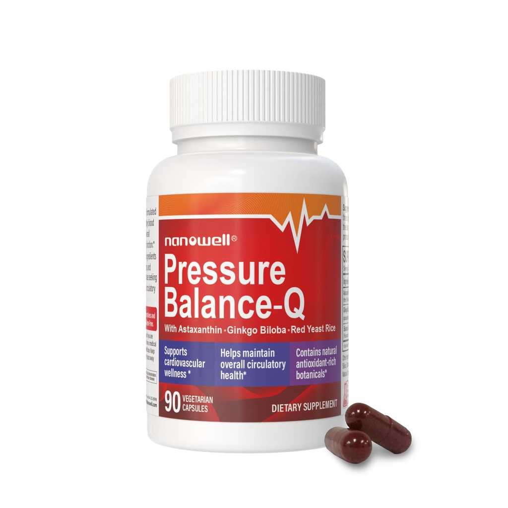 NANOWELL® Pressure Balance-Q | Antioxidant Formel med Natural Non-GMO Astaxanthin 12 mg per kapsel, Ginkgo Biloba, Policosanol, Red Yeast Rice och Rosemary Extract | 90 Vegetariska kapslar