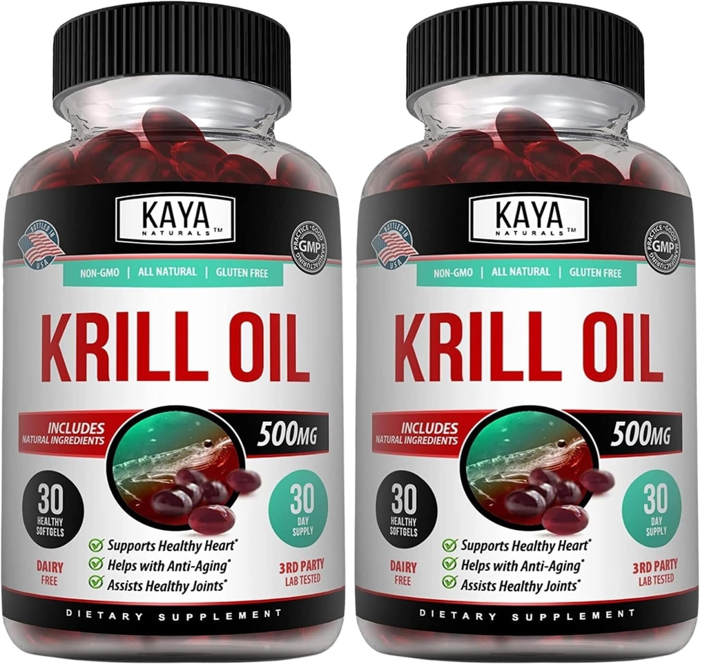 Kaya Naturals - Antarctic Krill Oil 500mg med Omega 3, EPA, DHA, Phospholipids & Astaxanthin Supplement - Brain & Health Vitamin - Anti Aging Supplement - 30 Count Softgels (Pack of 2)