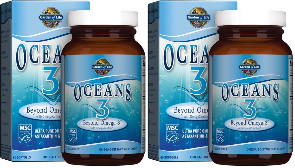Garden of Life Oceans 3 Utöver Omega-3 med OmegaXanthin, EPA, DHA Supplements, Fiskolja med 1200 mg Omega 3, Astaxanthin & Brown Seaweed Extract - 60 Softgels, (Pack of 2)
