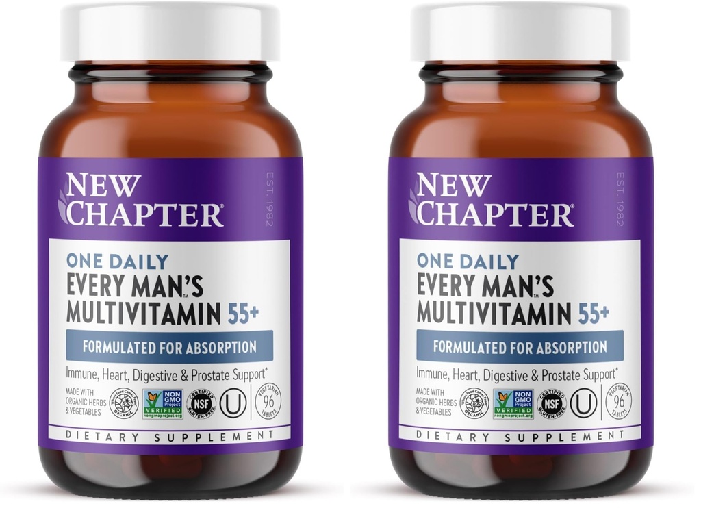 Nya kapitel Mäns Multivitamin 55+, Extra B6 & B12, D3, Astaxanthin, Vitamin C & Zink, Immune, Hjärta, Cellulär energi och hjärnhälsa, Gentle på magen,1 Daily, Non-GMO, 96 tabletter (Pack av 2)