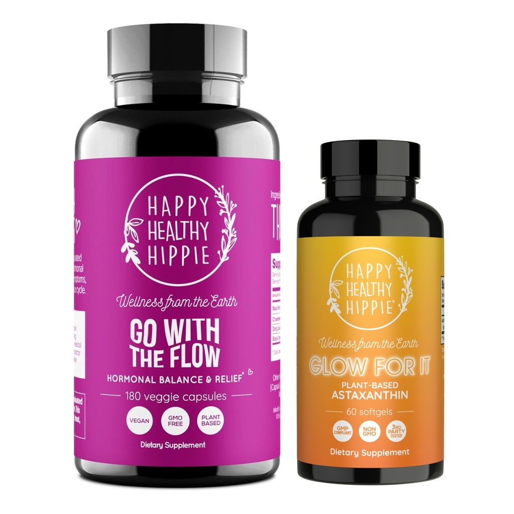 Happy Healthy Hippie Glow för Astaxanthin Supplement & Go med flödeshormonbalansen för kvinnor 180ct