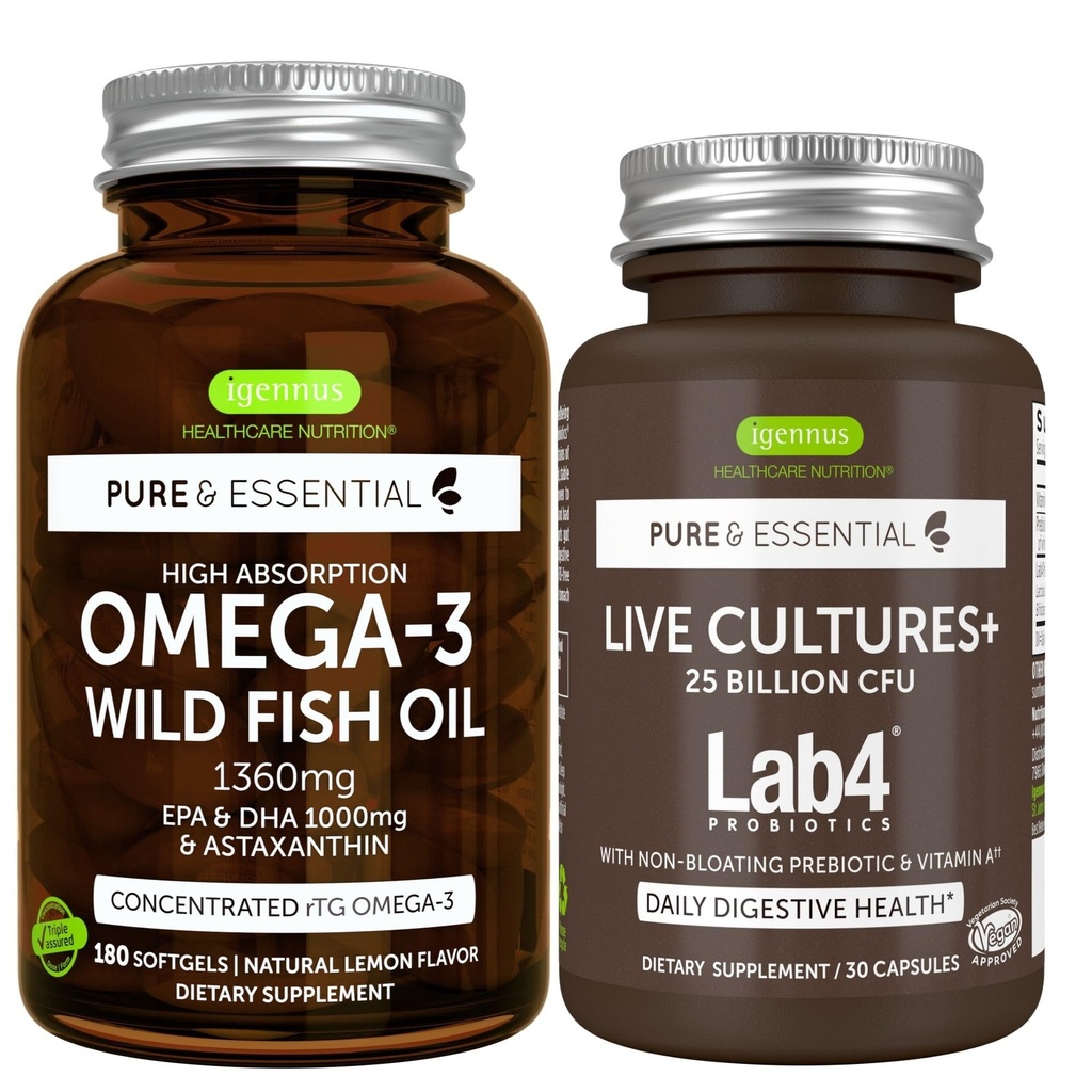 Ren och väsentlig hög absorption Omega-3 Wild Fish Oil 1360mg + levande kulturer + Lab4 Probiotics Bundle, 1000mg EPA & DHA med Astaxanthin + 25 miljarder CFU Lactobacillus Acidophilus & Bifidobacterium Wi