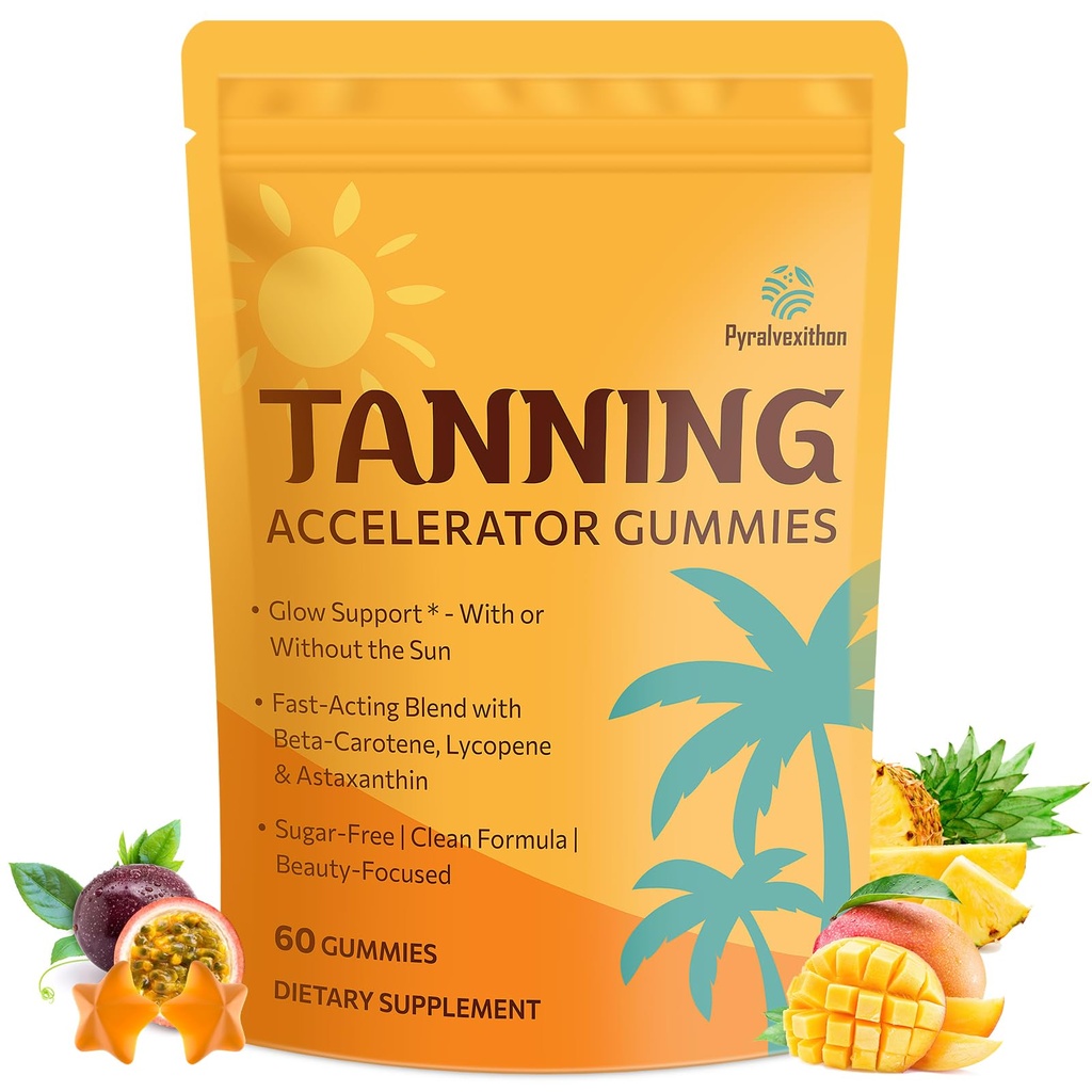 Tanning Gummies med Astaxanthin för kvinnor och män | Sunless Tanning Supplement med Beta Carotene, Lycopene, Collagen & Vitamins | Hud Radiance & Hydration | Vegan & Sugar Free - 60 Count