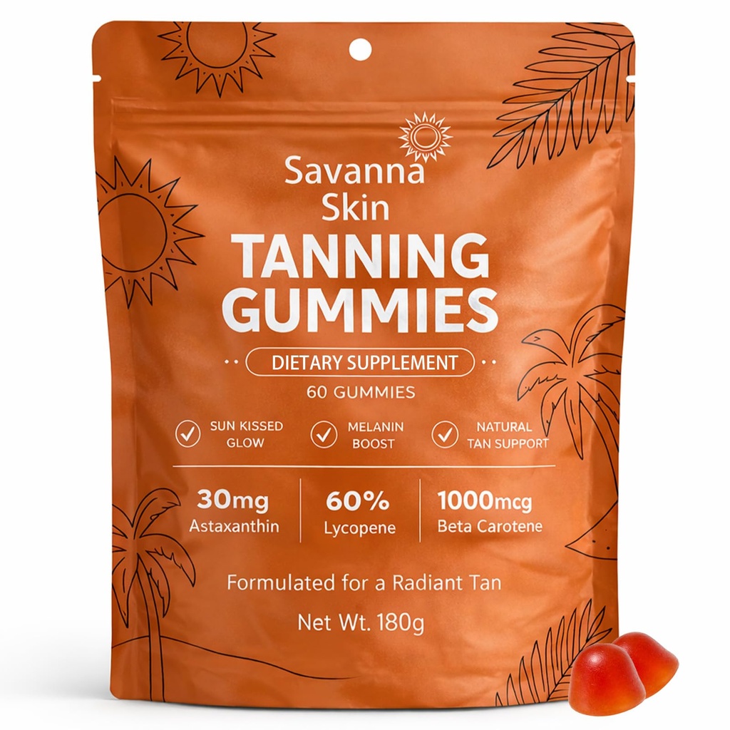 Savanna Skin Tanning Gummies, med vitamin C & E, Astaxanthin, Beta Carotene, Skin Radiance & Hydration för Natural Looking Glow, Bronzing, Non-GMO, Vegan & Sugar Free - 60 Count (1)