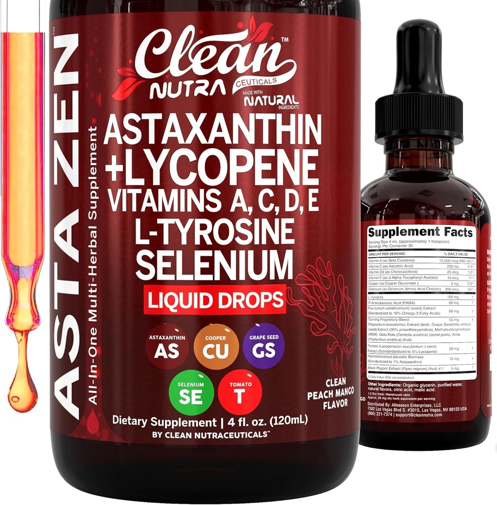 Clean Nutra Astaxanthin Lycopene Liquid Drops Absorption Support Vitaminer A C D E 4 fl oz - Potent Natural D3 C E A & Selenium L-Tyrosine Formel Rent Antioxidant Blend Enhanced Nutrient Uptake
