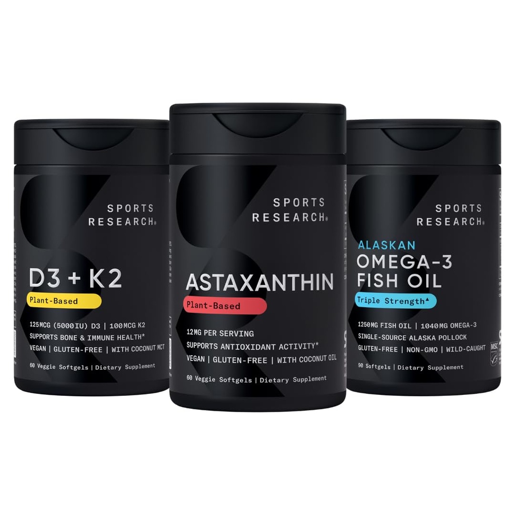 Sports Research® Antioxidant Support Pack w/Triple Strength Vegan Astaxanthin Supplement från Algae, Omega-3 Fish Oil 1250mg och Vitamin D3 5000iu & Mk7 Vitamin K2 med Coconut MCT Olja