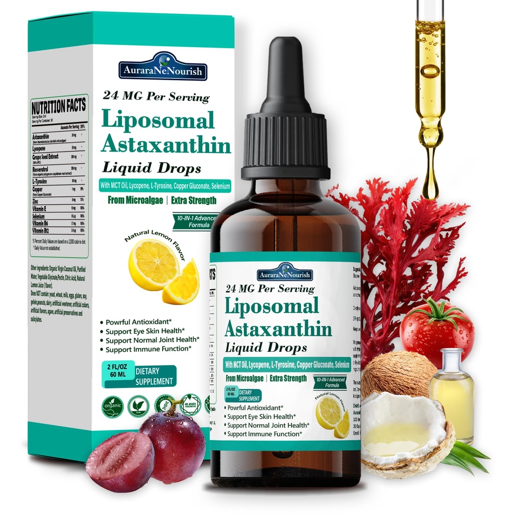 Liposomal Astaxanthin 24mg Liquid Drops, 11-i-1 Antioxidant med MCT Oil, Lycopene & Organic Coconut Oil, Fresh Microalgae Source, stöder Eye Skin Joint Health för kvinnor och män, Lemon Flavors