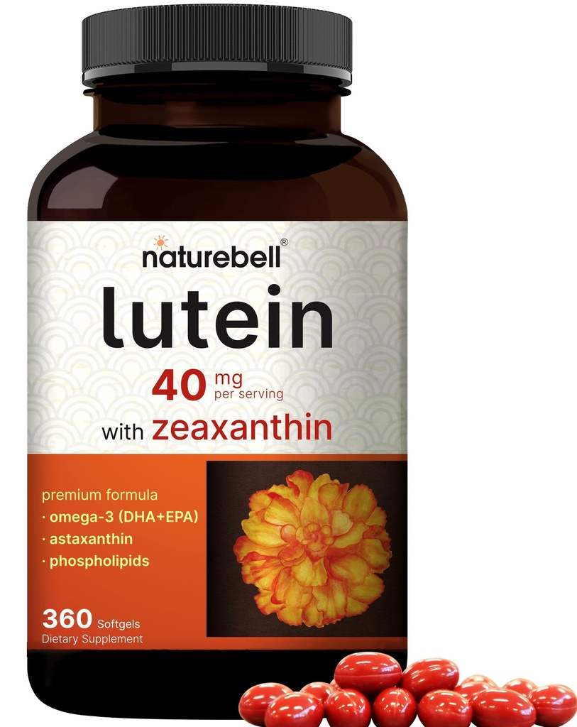 Lutein 40mg + Zeaxanthin 1,600mcg, 360 Softgels | 4-i-1 Formel med Astaxanthin, Omega-3 & Phospholipids | Marigold Flower Extract | Stöder Eye, Brain & Vision Health | Non-GMO, Gluten Free