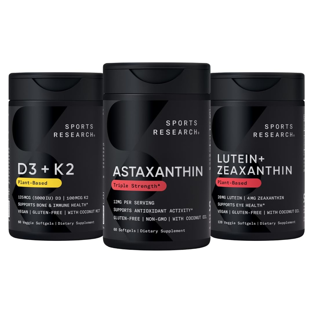 Sports Research® Antioxidant Support Pack w/Astaxanthin 12mg, Vitamin D3 5000iu + K2 100mcg och Lutein 20mg + Zeaxanthin 4mg Supplements - Vegan Certified · Non-GMO · Gluten & Soy Free