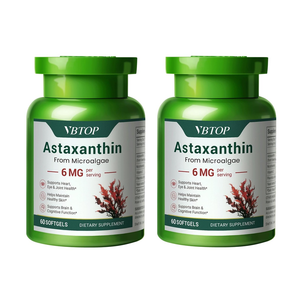2 flaskor Astaxanthin 6 mg, Premium Astaxanthin Supplement med antioxidantaktivitet, stöder öga, hud, gemensam och immunsystemhälsa. Färsk Microalgae Source, Non-GMO, glutenfri - 120 mjukgels