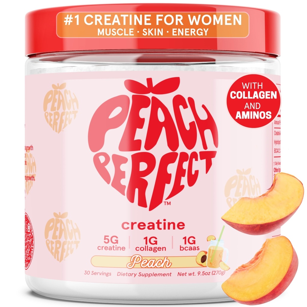 Peach Perfekt Kreatinmonohydratpulver, Glute Builder Kreatin för kvinnor med Collagen, BCAAs, 5g Vegan Micronized Kreatin per portion, för energi, muskelstöd, 30 SVG, Peach smak